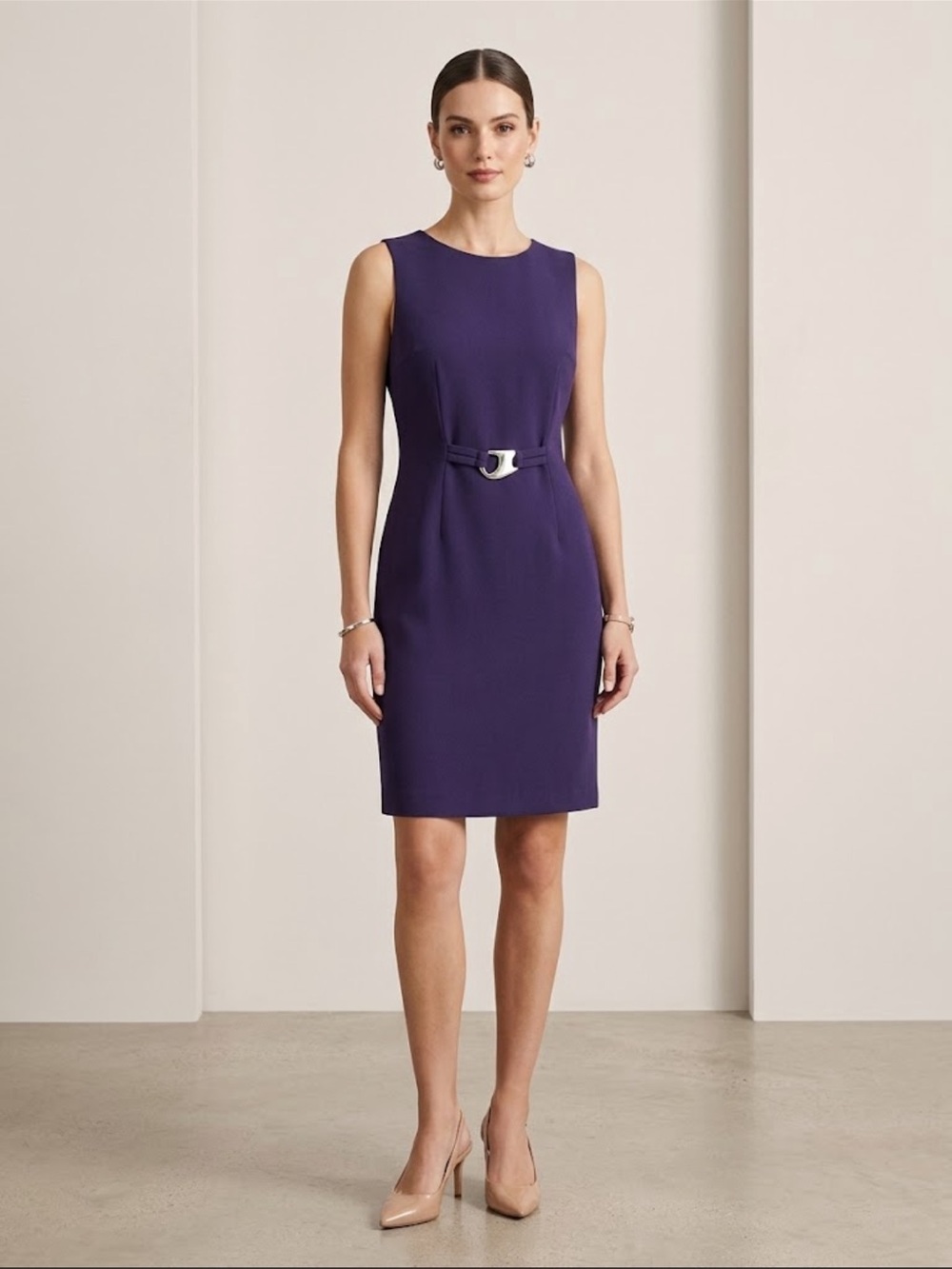 Vintage Deep Purple Sleeveless Sheath Dress Silver Buckle Detail Plus Size 16W